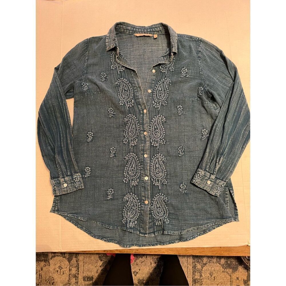 Soft Surroundings Mia Embroidered Vintage Wash Turquoise Long Sleeve Blouse smal